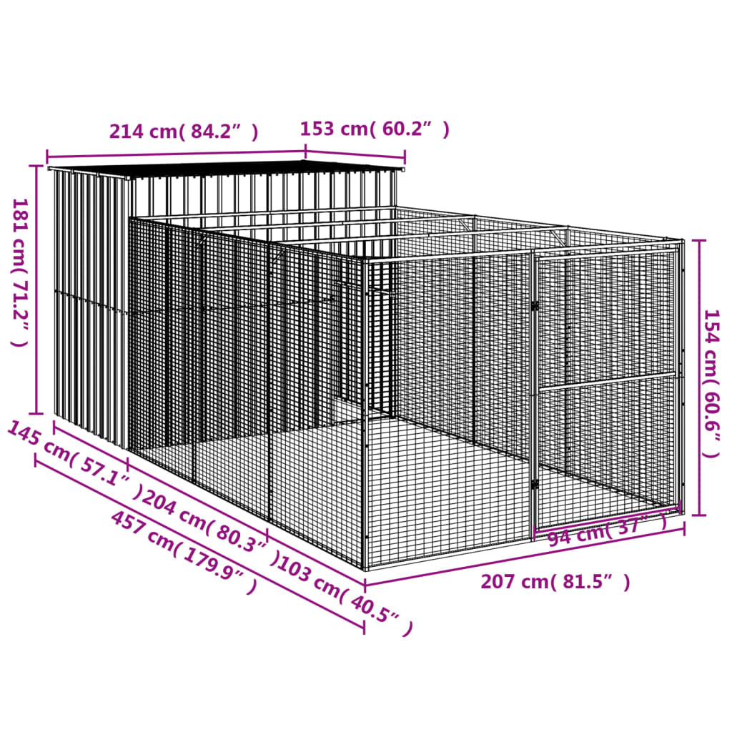 vidaXL Hundehütte mit Auslauf Hellgrau 214x457x181 cm Verzinkter Stahl