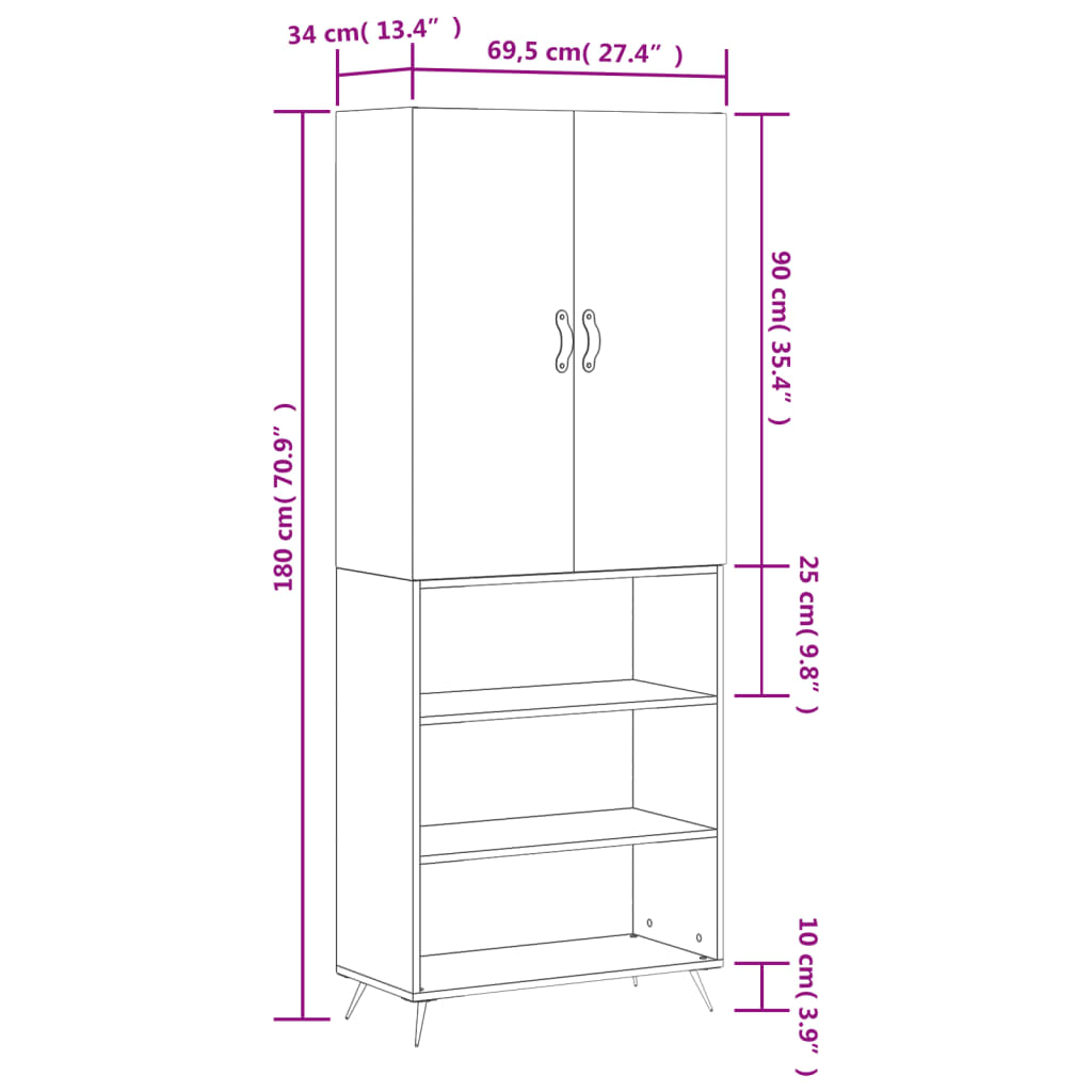 vidaXL Highboard Betongrau 69,5x34x180 cm Holzwerkstoff