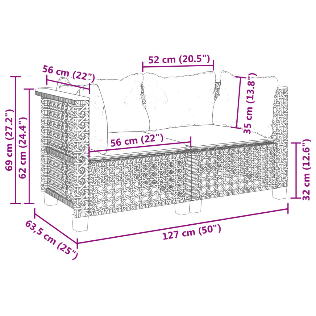 vidaXL Garten-Ecksofas mit Kissen 2 Stk. Schwarz Poly Rattan