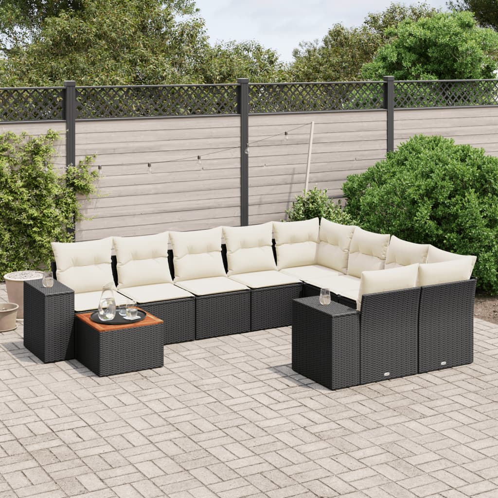 vidaXL 10-tlg. Garten-Sofagarnitur mit Kissen Schwarz Poly Rattan