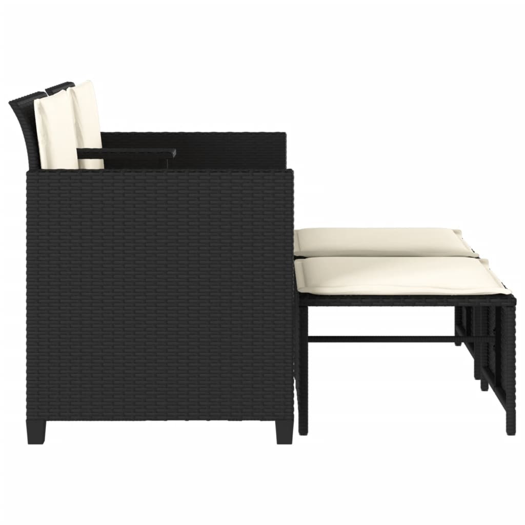 vidaXL Gartensofa 2-Sitzer mit Tisch und Hockern Schwarz Poly Rattan