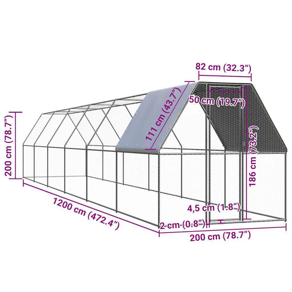 vidaXL Hühnerkäfig 2x12x2 m Verzinkter Stahl