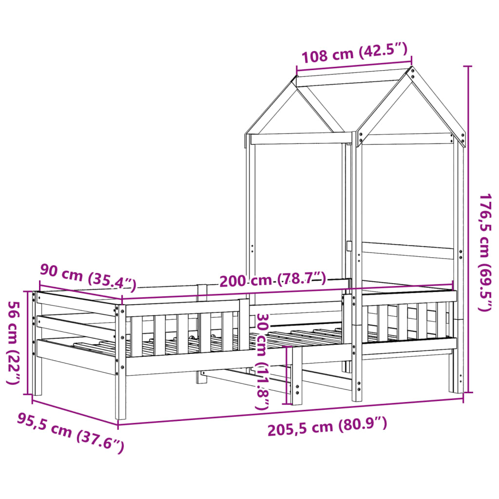 vidaXL Massivholzbett mit Dach 90x200 cm Kiefer