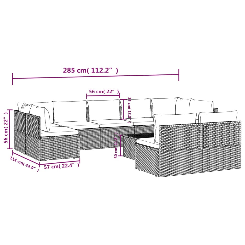 vidaXL 10-tlg. Garten-Lounge-Set mit Kissen Grau Poly Rattan