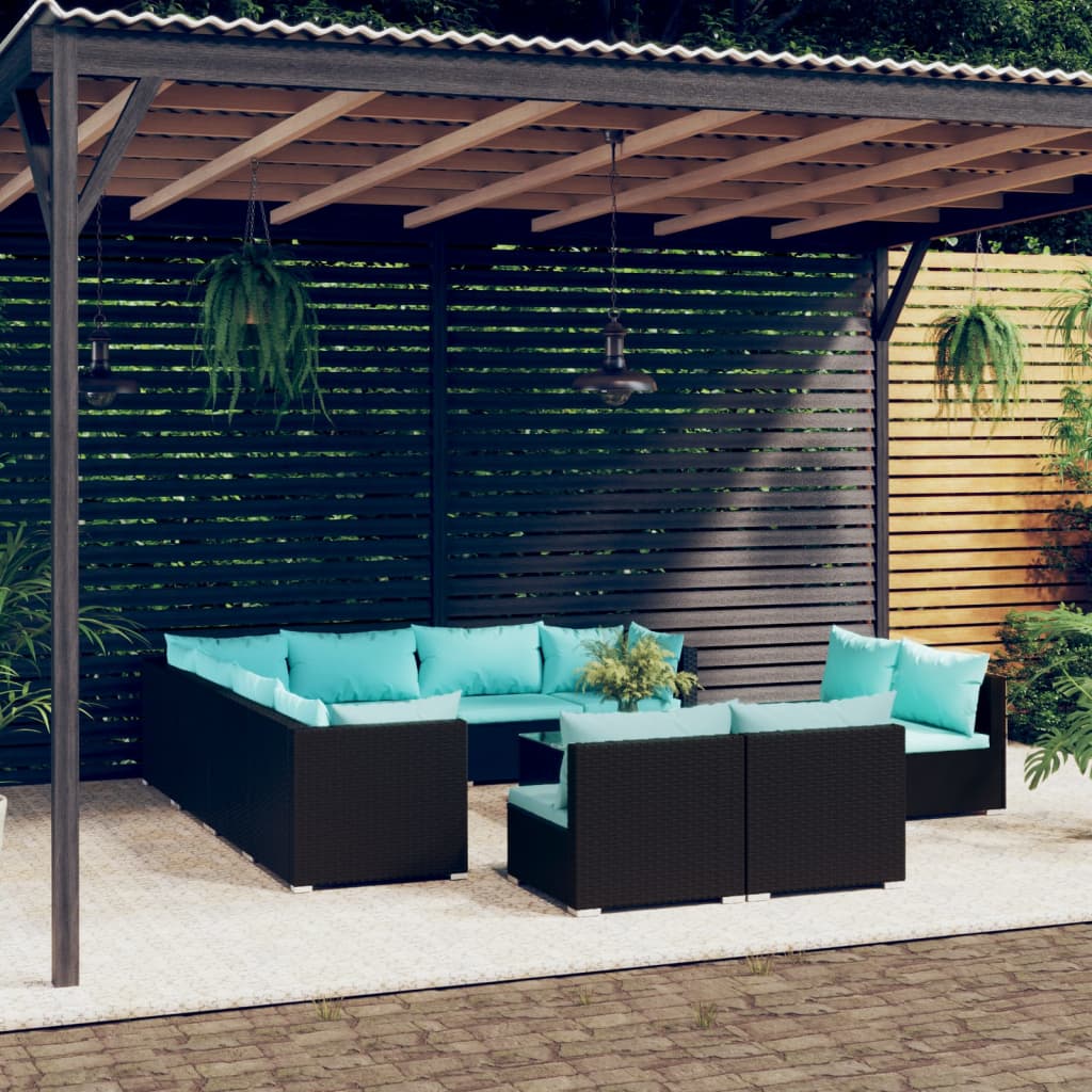 vidaXL 12-tlg. Garten-Lounge-Set mit Kissen Schwarz Poly Rattan