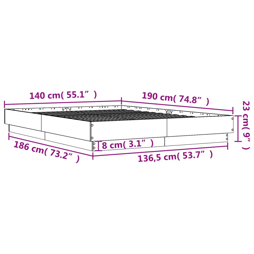 vidaXL Bettgestell mit LED Grau Sonoma-Eiche 140x190 cm