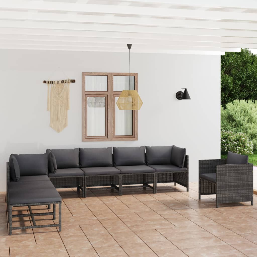 vidaXL 8-tlg. Garten-Lounge-Set mit Kissen Poly Rattan Grau