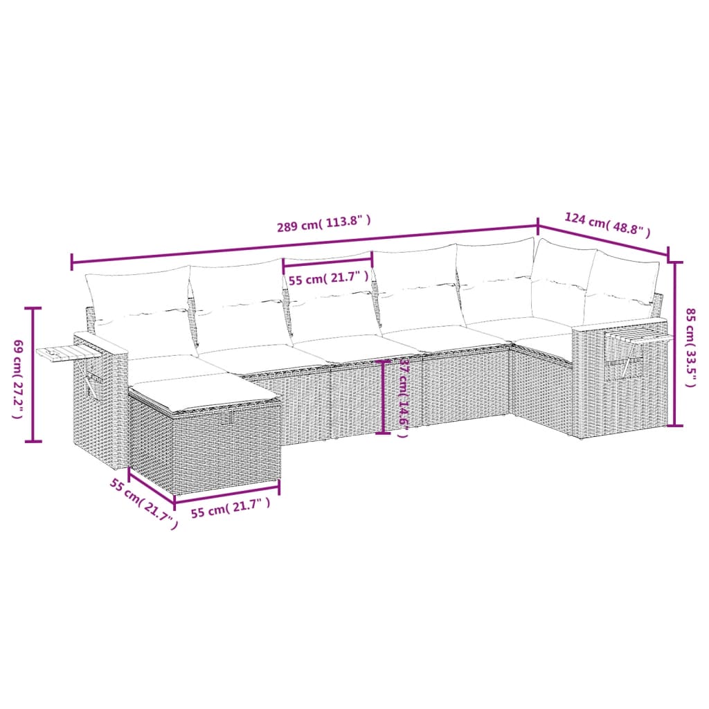 vidaXL 7-tlg. Garten-Sofagarnitur mit Kissen Grau Poly Rattan