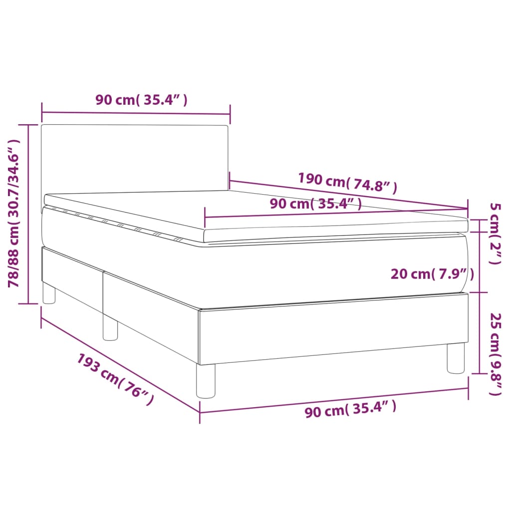 vidaXL Boxspringbett mit Matratze & LED Grau 90x190 cm Kunstleder