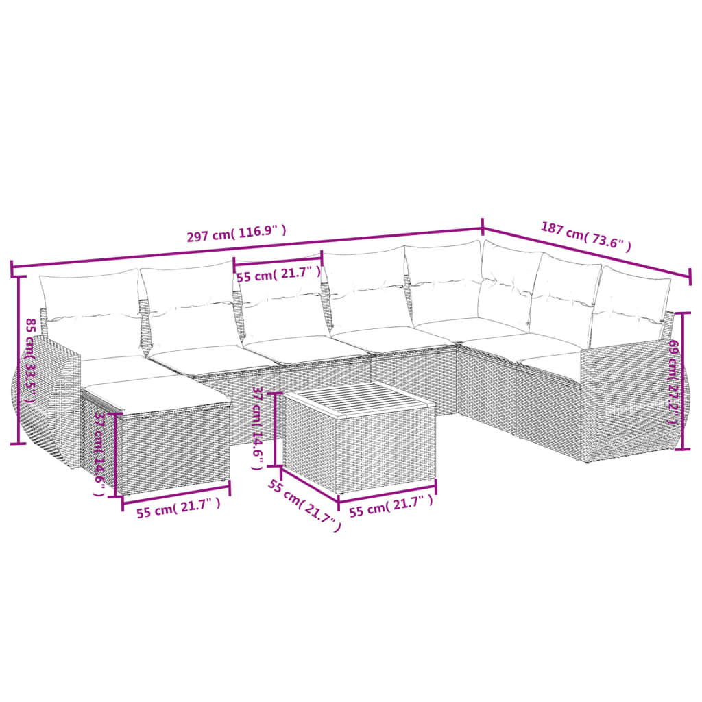 vidaXL 9-tlg. Garten-Sofagarnitur mit Kissen Schwarz Poly Rattan