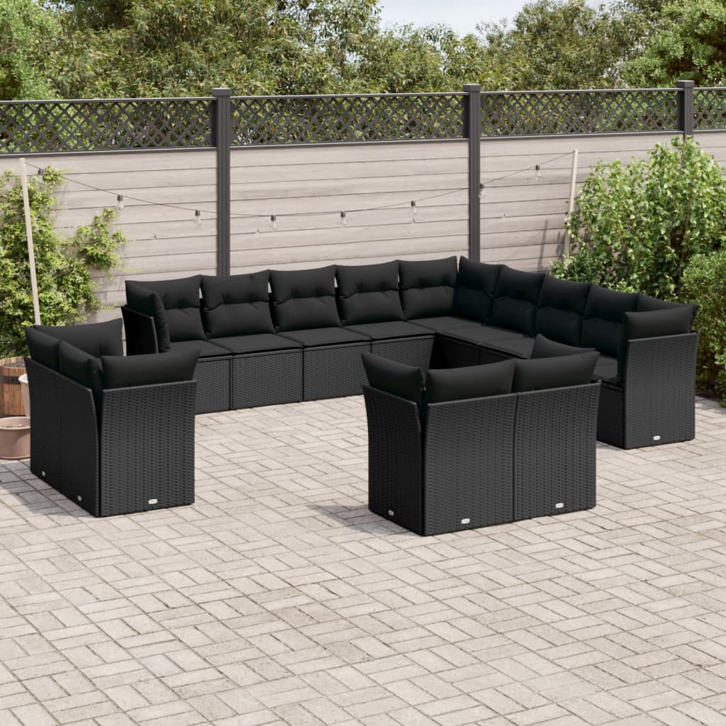 vidaXL 13-tlg. Garten-Sofagarnitur mit Kissen Schwarz Poly Rattan