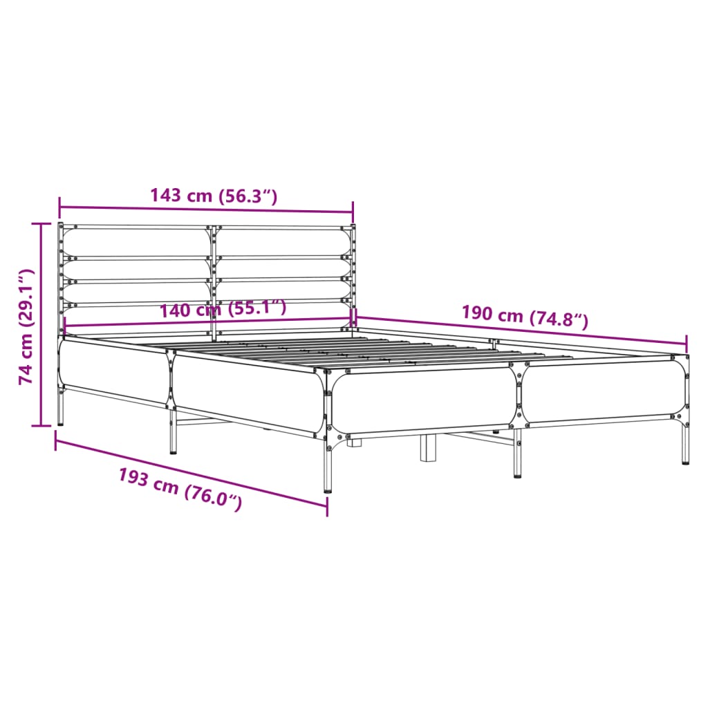 vidaXL Bettgestell Grau Sonoma 140x190 cm Holzwerkstoff und Metall