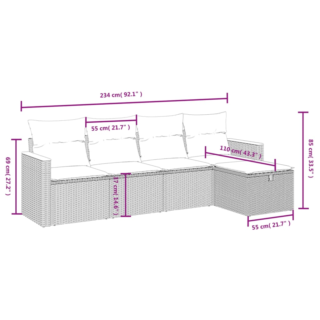 vidaXL 5-tlg. Garten-Sofagarnitur mit Kissen Grau Poly Rattan