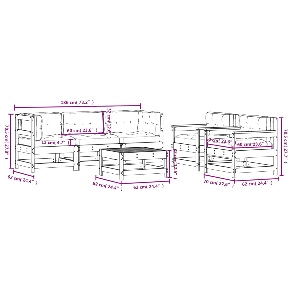 vidaXL 6-tlg. Garten-Lounge-Set mit Kissen Massivholz