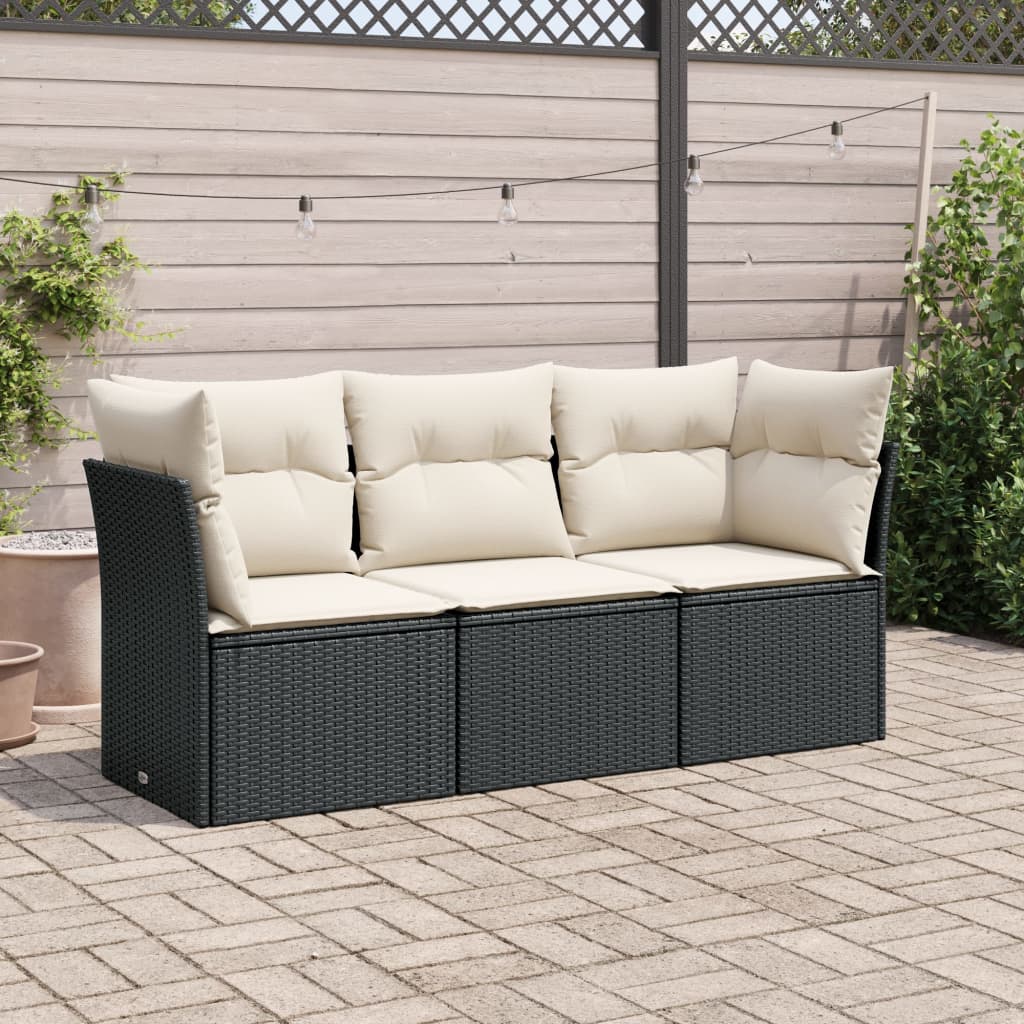 vidaXL 3-tlg. Garten-Sofagarnitur mit Kissen Schwarz Poly Rattan