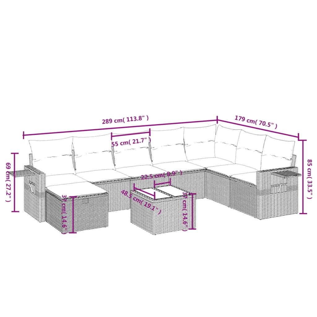 vidaXL 9-tlg. Garten-Sofagarnitur mit Kissen Schwarz Poly Rattan