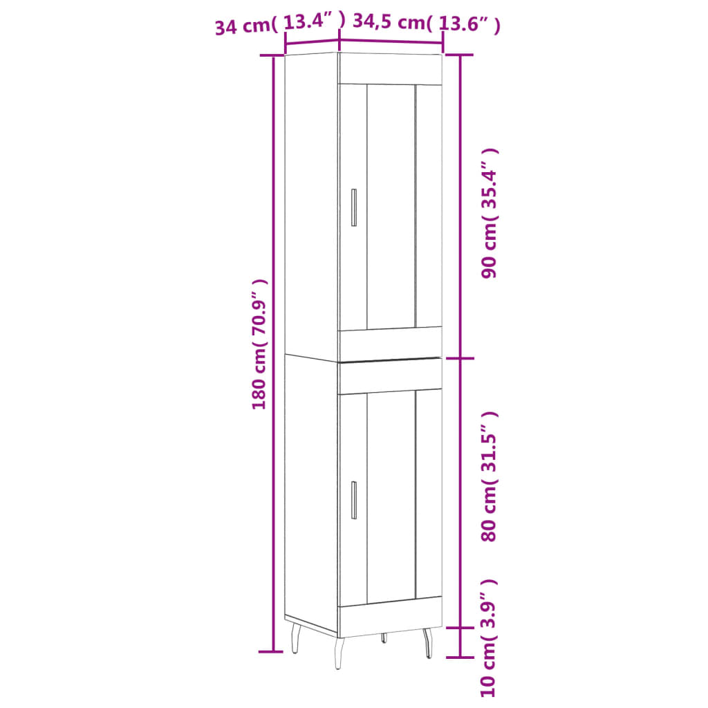 vidaXL Highboard Grau Sonoma 34,5x34x180 cm Holzwerkstoff