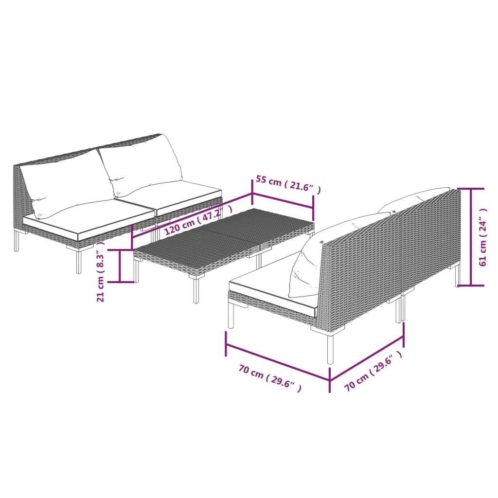 vidaXL 5-tlg. Garten-Lounge-Set mit Kissen Poly Rattan Dunkelgrau