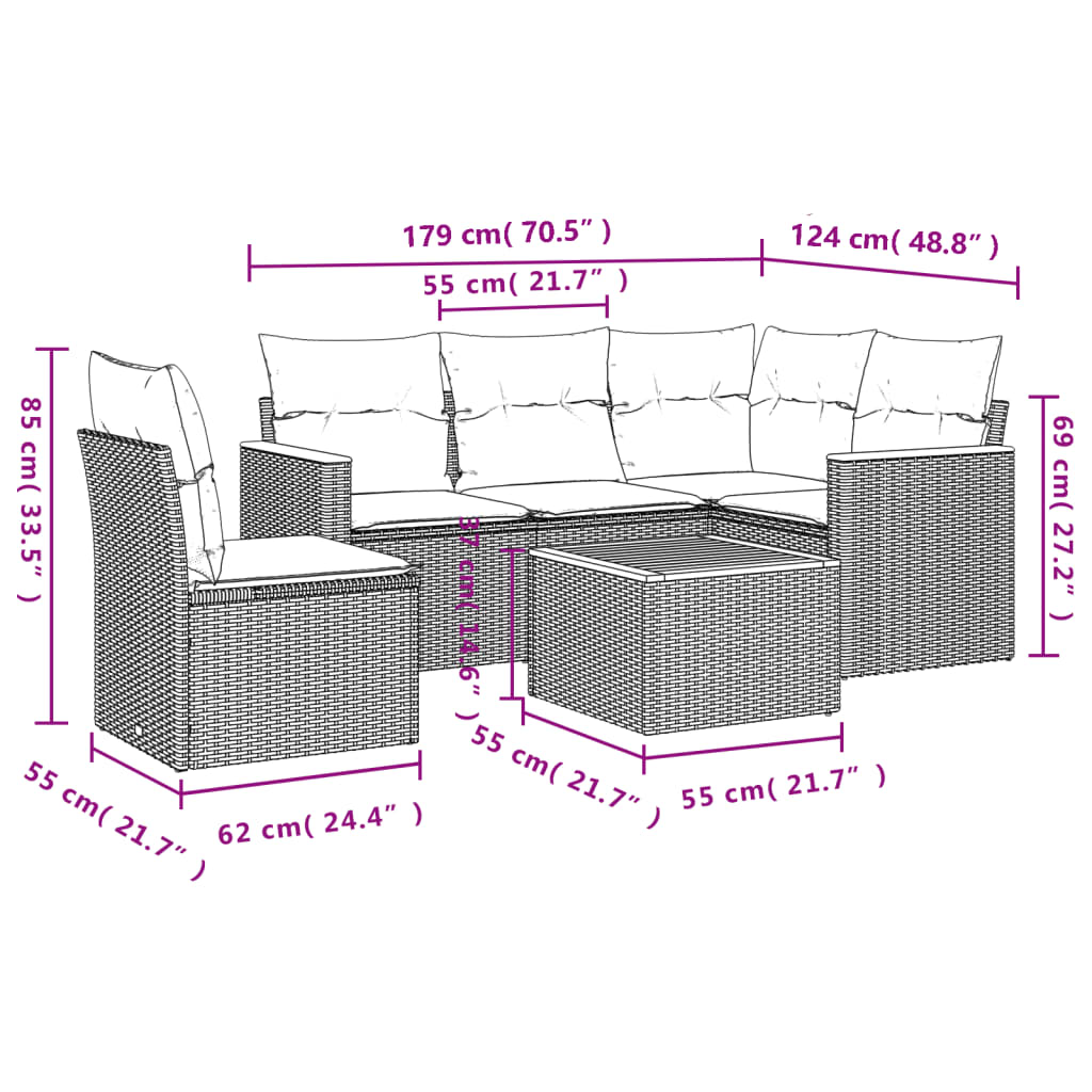 vidaXL 6-tlg. Garten-Sofagarnitur mit Kissen Schwarz Poly Rattan