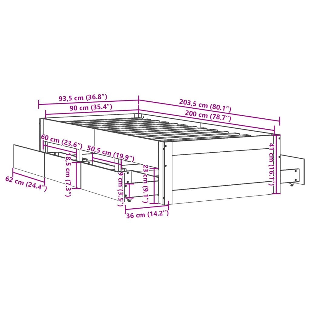 vidaXL Massivholzbett ohne Matratze mit Schubladen Weiß 90x200 cm