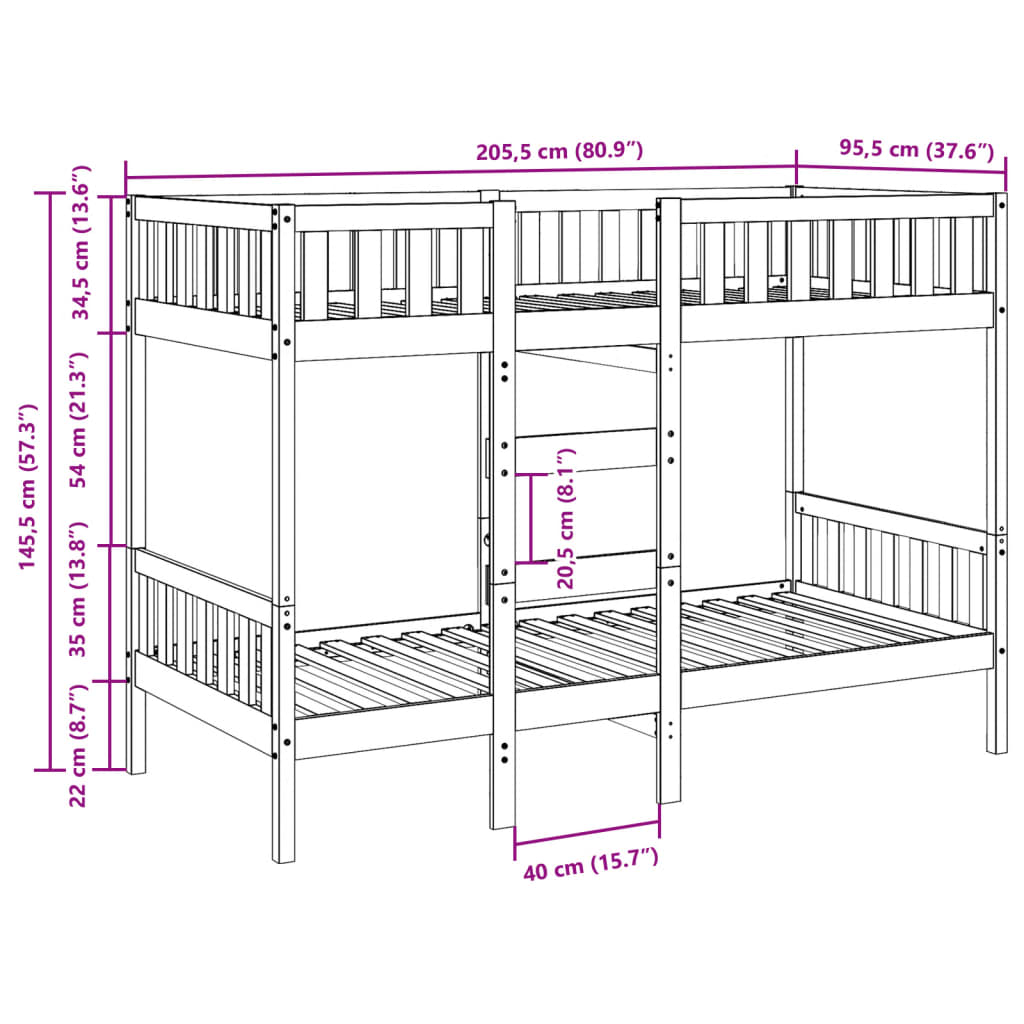 vidaXL Etagenbett Wachsbraun 90x200 cm Massivholz Kiefer