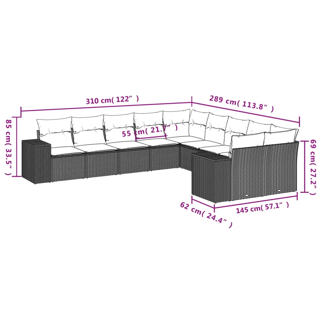 vidaXL 10-tlg. Garten-Sofagarnitur mit Kissen Hellgrau Poly Rattan