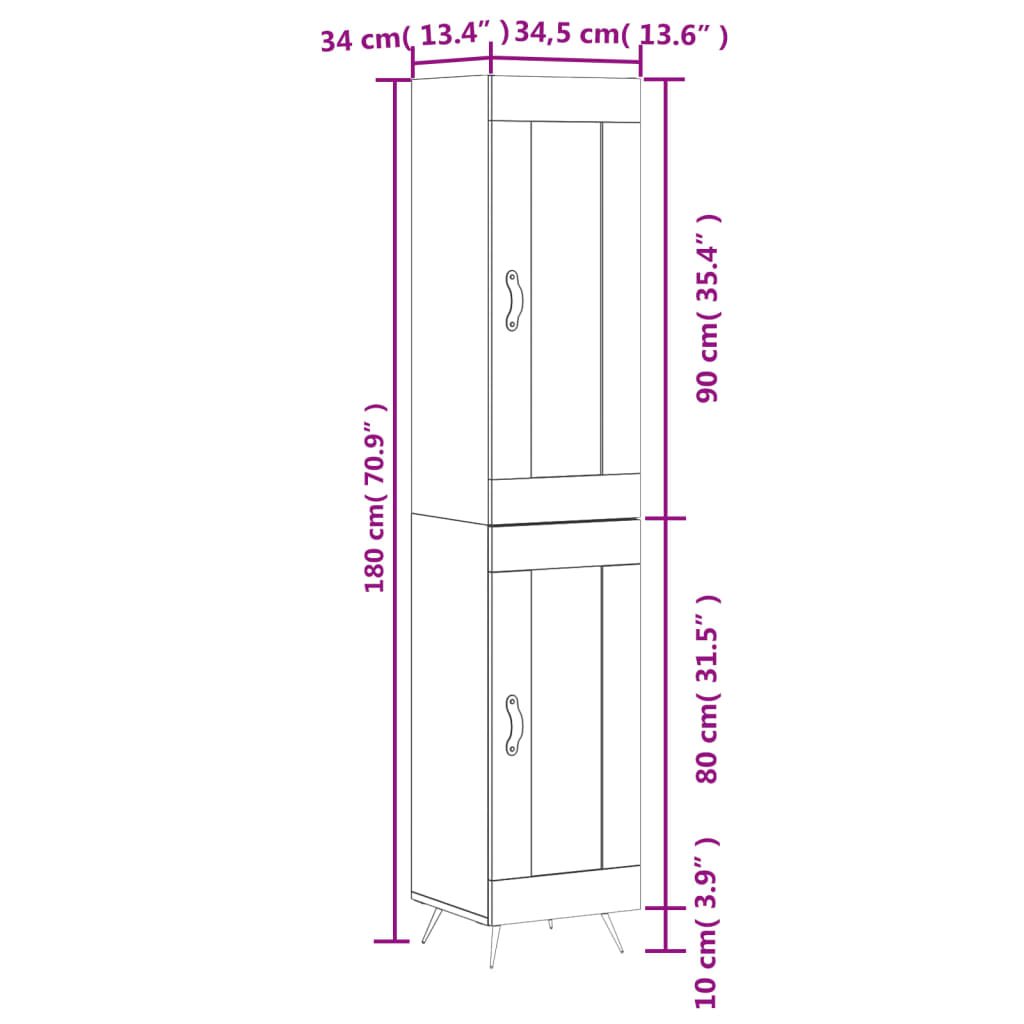 vidaXL Highboard Betongrau 34,5x34x180 cm Holzwerkstoff