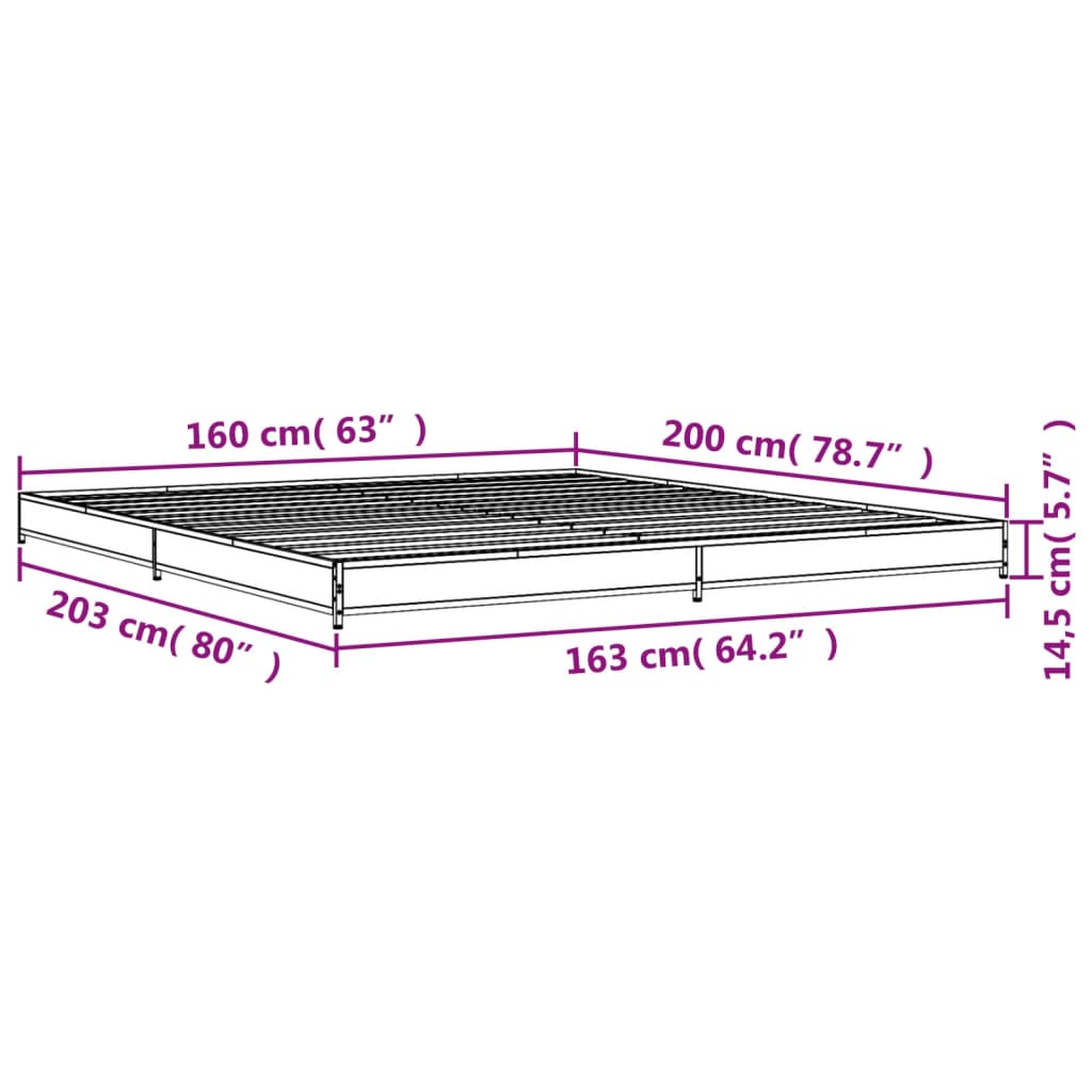 vidaXL Bettgestell Braun Eichen-Optik 160x200 cm Holzwerkstoff Metall