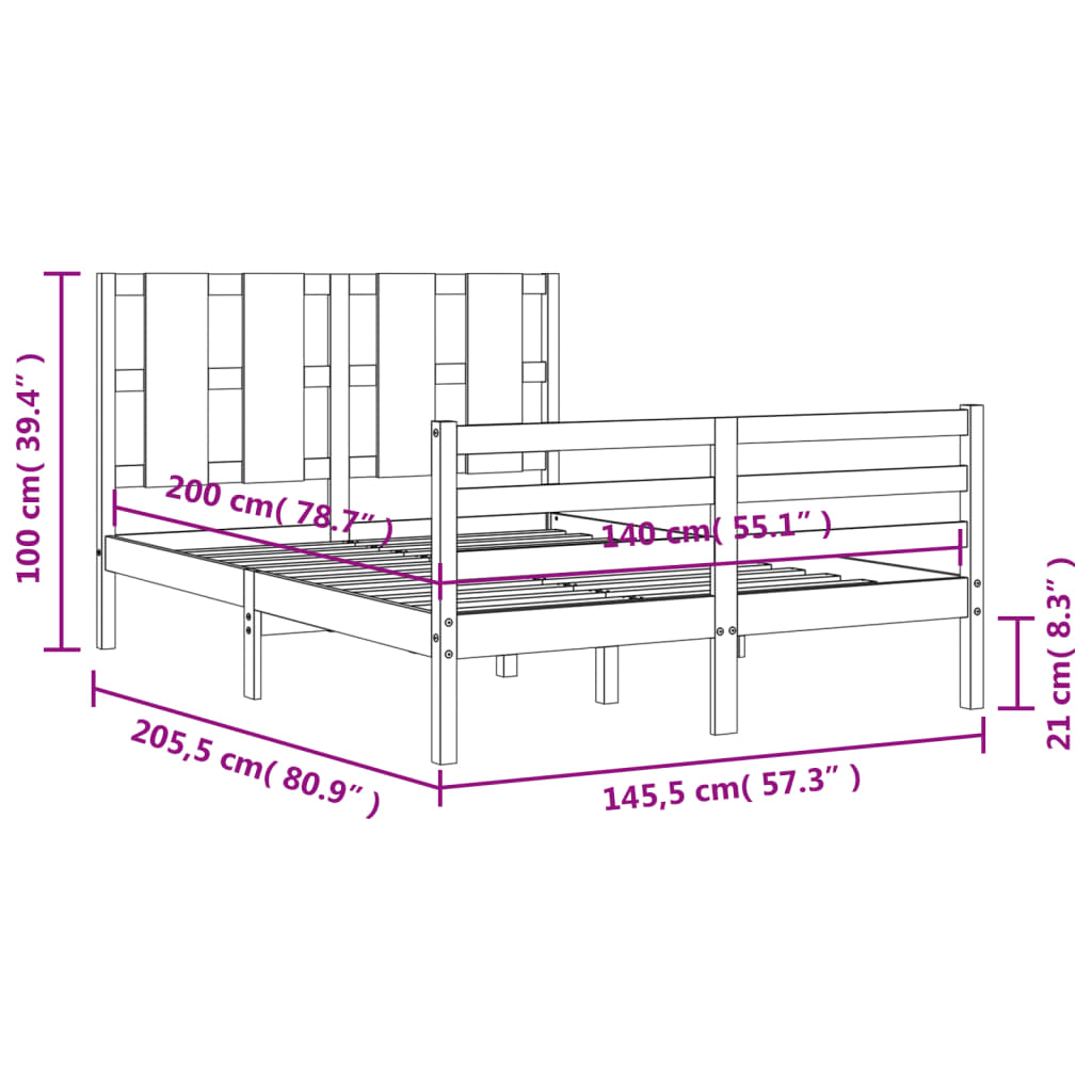 vidaXL Massivholzbett mit Kopfteil 140x200 cm