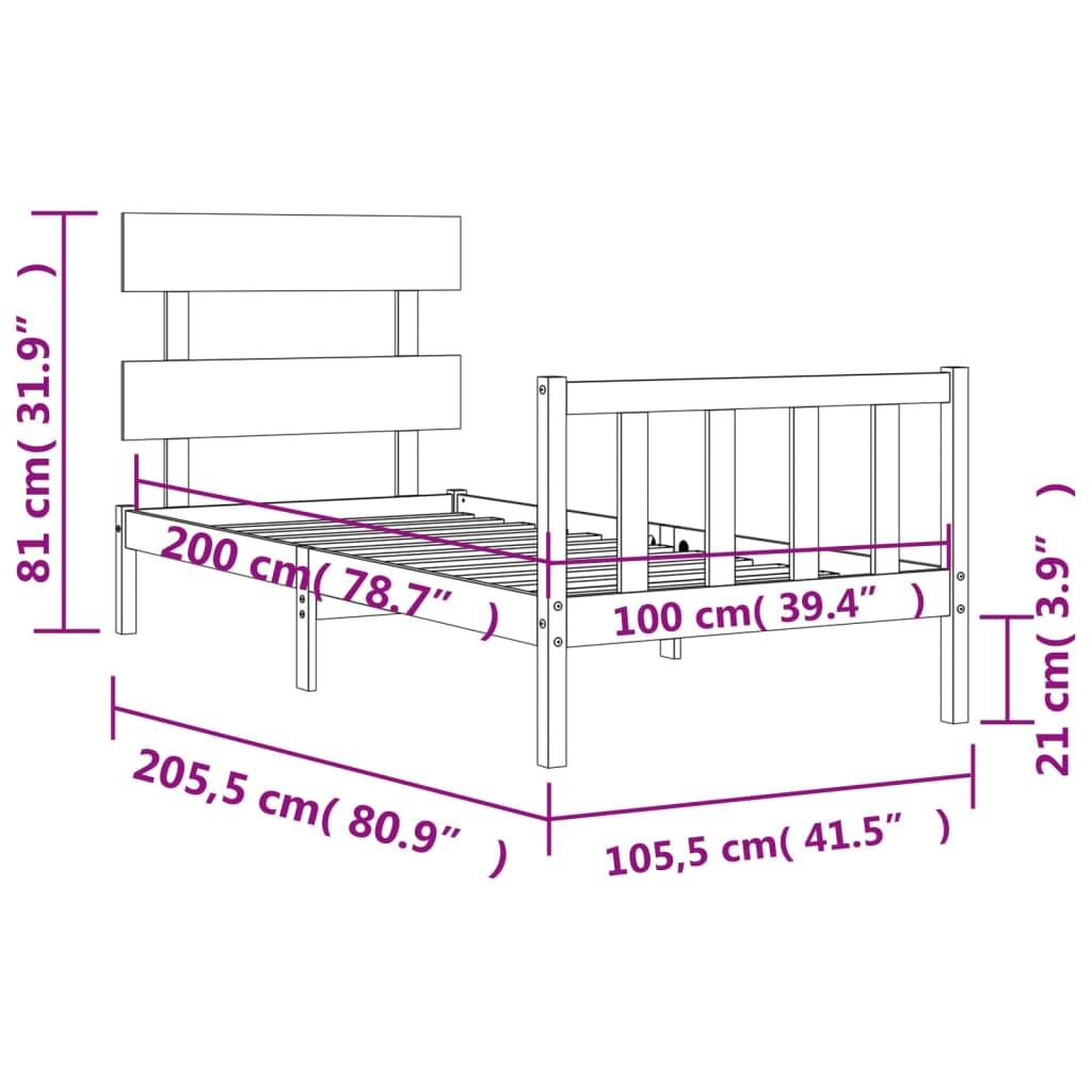 vidaXL Massivholzbett mit Kopfteil 100x200 cm