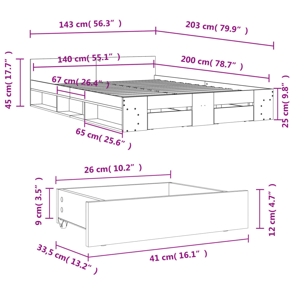 vidaXL Bettgestell mit Schubladen Sonoma-Eiche 140x200cm Holzwerkstoff