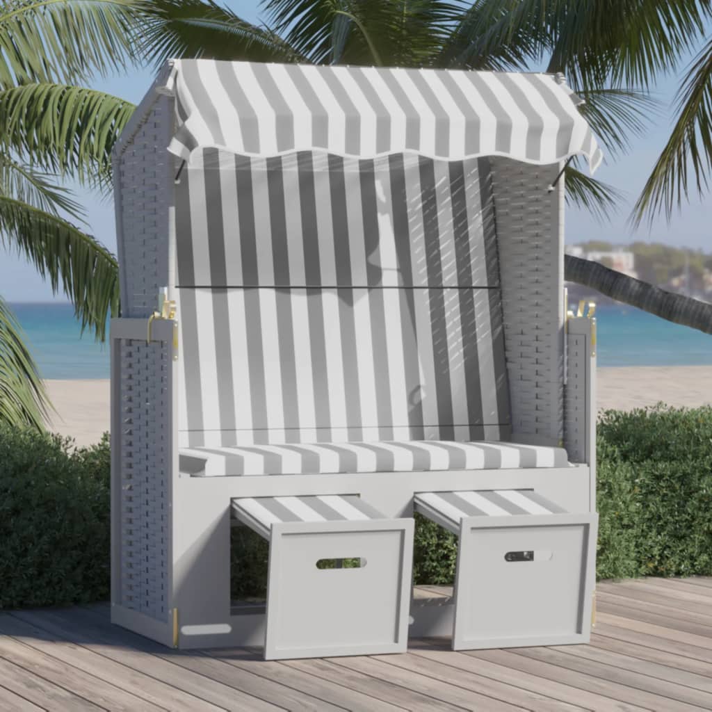 vidaXL Strandkorb mit Dach Poly Rattan und Massivholz Grau & Weiß