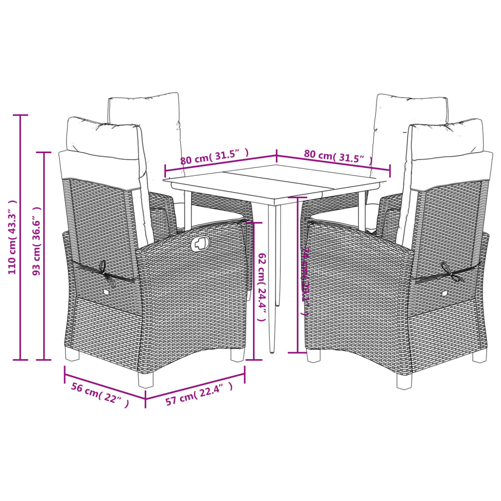 vidaXL 5-tlg. Garten-Essgruppe mit Kissen Braun Poly Rattan