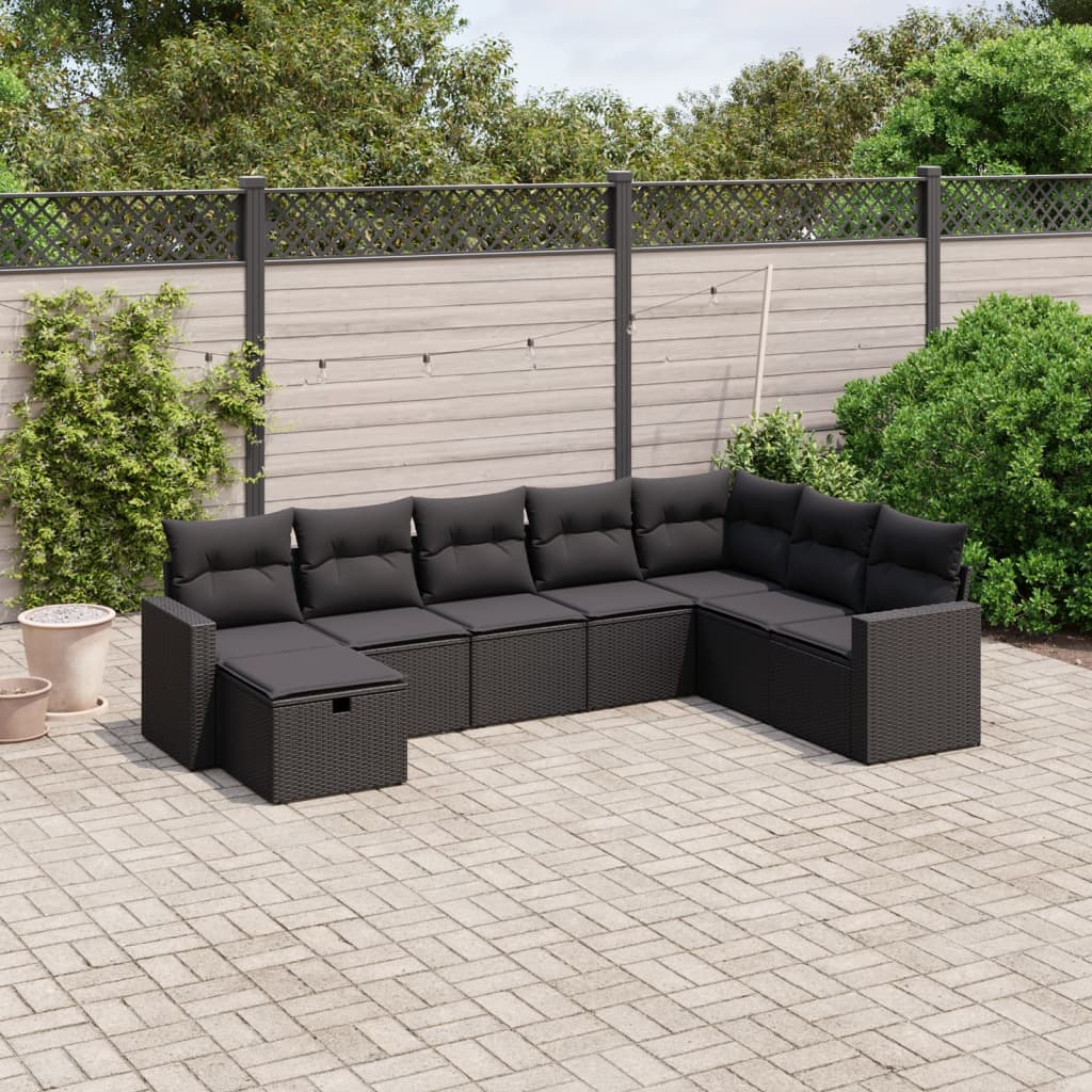 vidaXL 8-tlg. Garten-Sofagarnitur mit Kissen Schwarz Poly Rattan