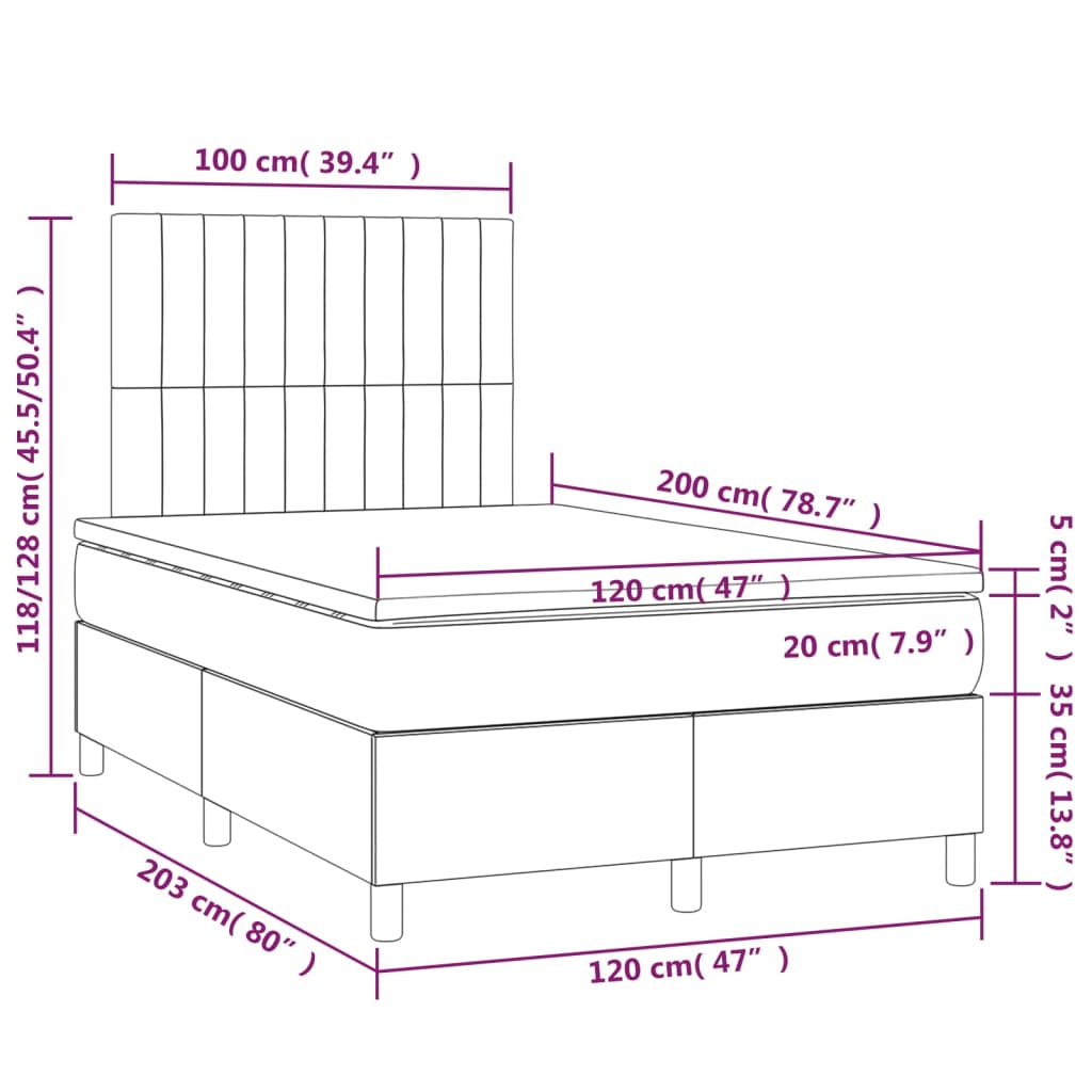 vidaXL Boxspringbett mit Matratze & LED Hellgrau 120x200 cm Samt