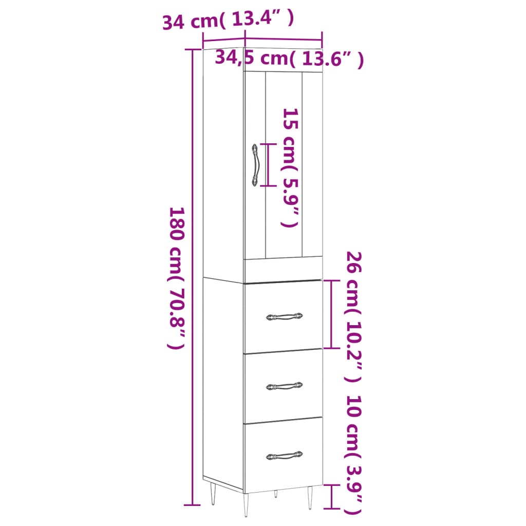 vidaXL Highboard Sonoma-Eiche 34,5x34x180 cm Holzwerkstoff