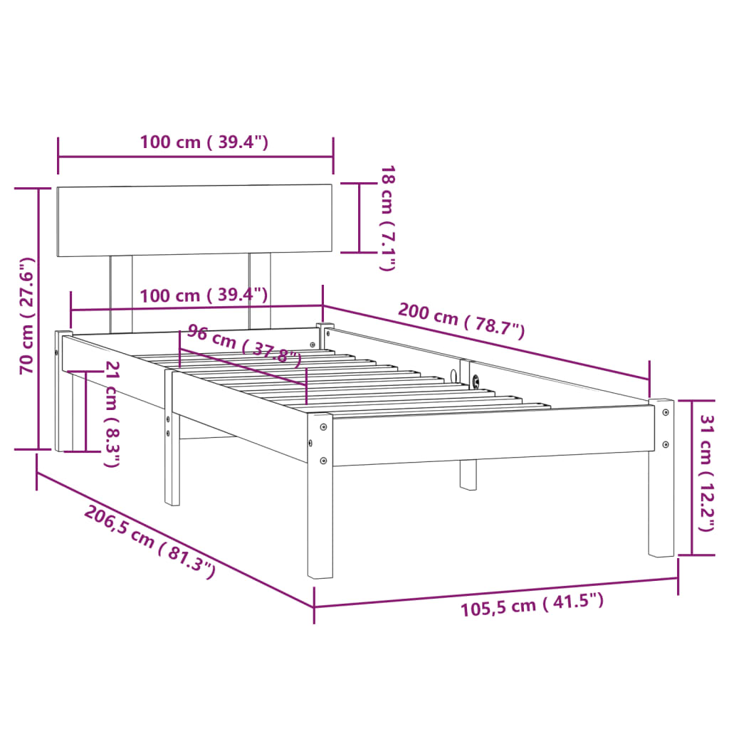 vidaXL Massivholzbett Schwarz Kiefer 100x200 cm