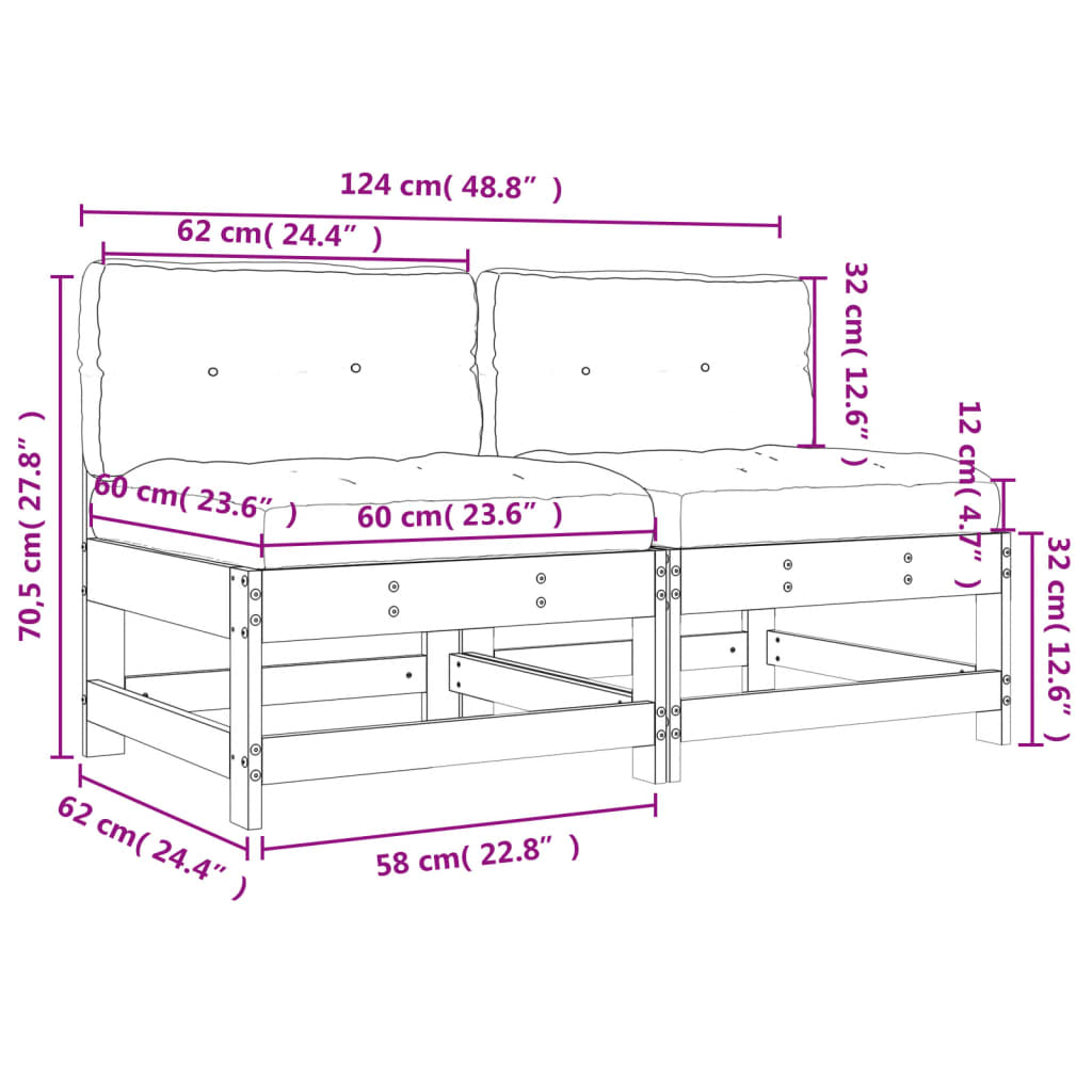 vidaXL Mittelsofas mit Kissen 2 Stk. Massivholz Douglasie