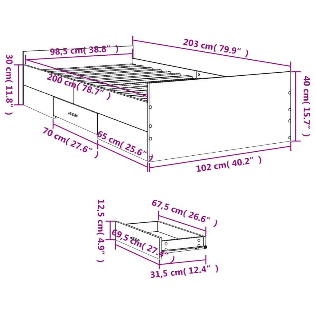 vidaXL Bettgestell mit Schubladen Sonoma-Eiche 100x200cm Holzwerkstoff