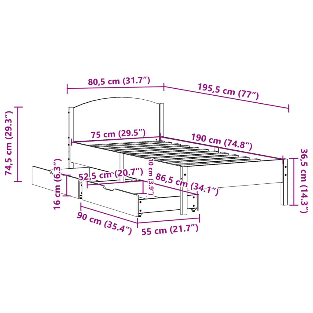 vidaXL Massivholzbett ohne Matratze 75x190 cm Kiefernholz