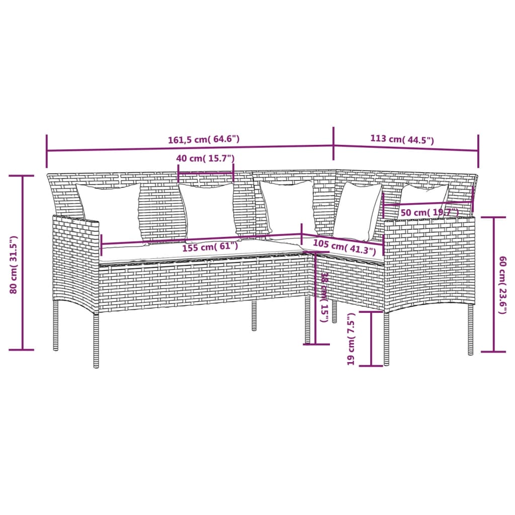 vidaXL Sofa in L-Form mit Kissen Poly Rattan Schwarz