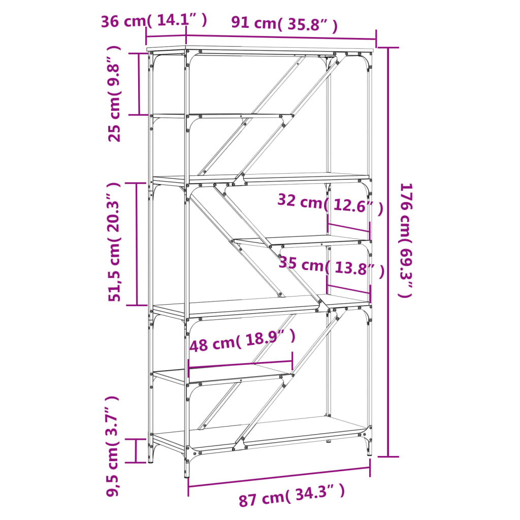 vidaXL Bücherregal Sonoma-Eiche 91x36x176 cm Holzwerkstoff und Stahl