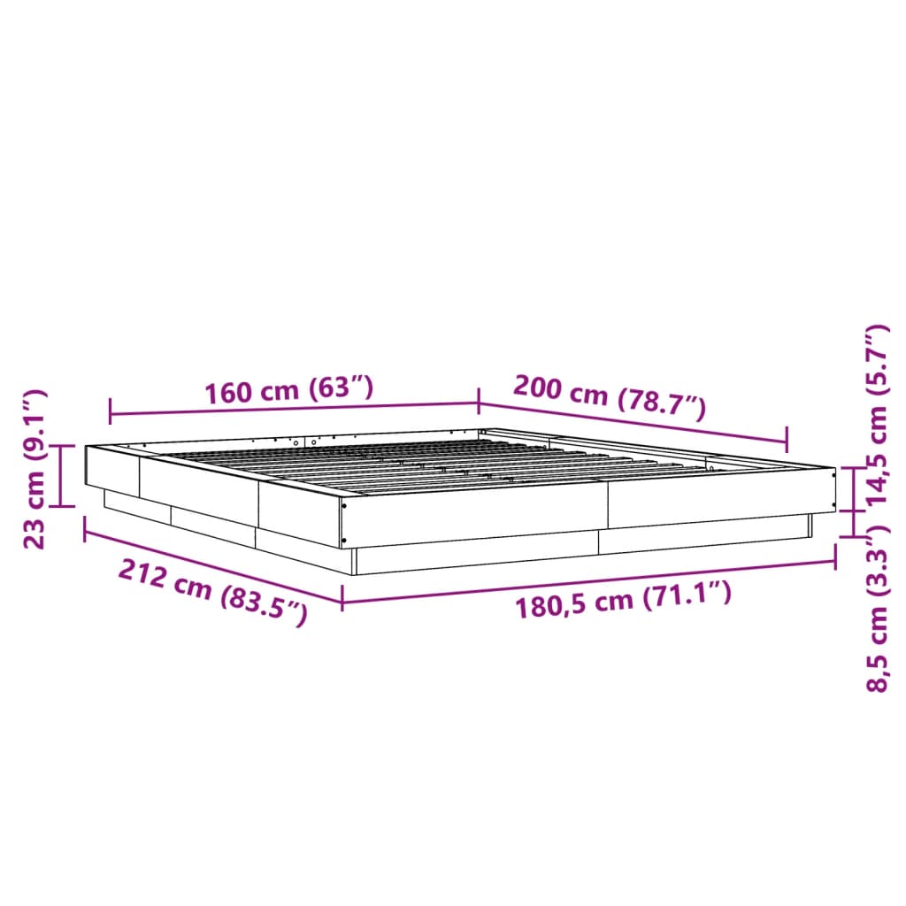 vidaXL Bettgestell Grau Sonoma 160x200 cm Holzwerkstoff