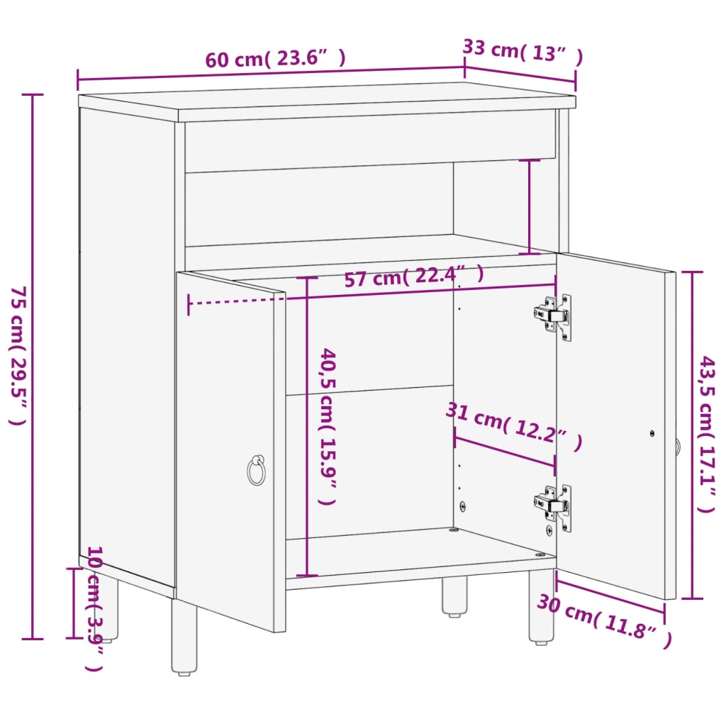 vidaXL Beistellschrank 60x33x75 cm Massivholz Mango