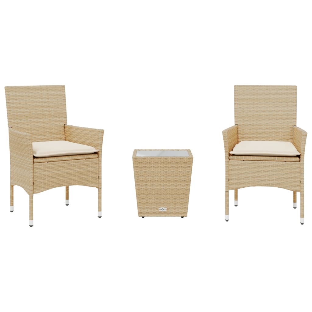 vidaXL 3-tlg. Bistro-Set mit Kissen Beige Poly Rattan und Glas