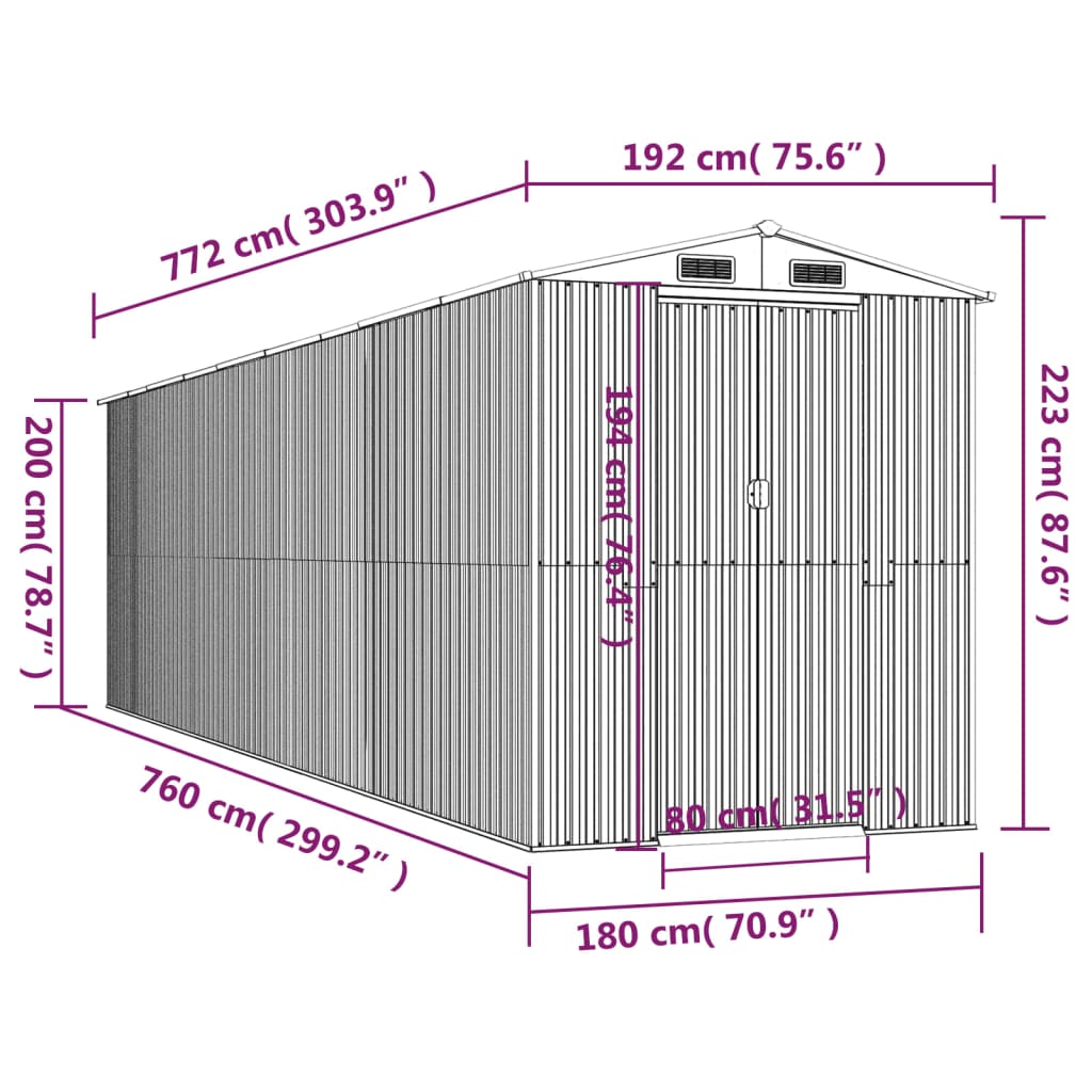 vidaXL Geräteschuppen Anthrazit 192x772x223 cm Verzinkter Stahl