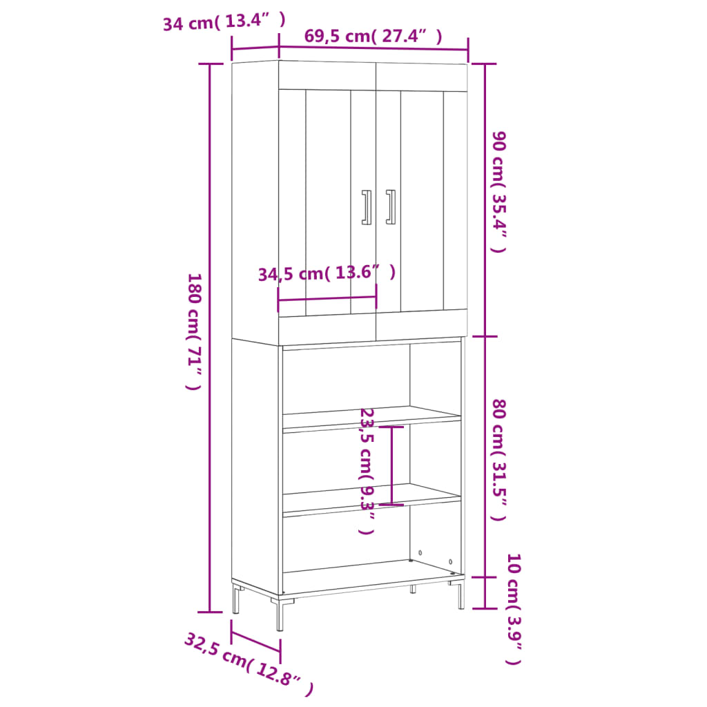 vidaXL Highboard Weiß 69,5x34x180 cm Holzwerkstoff