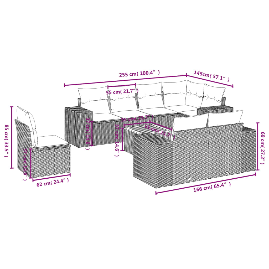 vidaXL 9-tlg. Garten-Sofagarnitur mit Kissen Schwarz Poly Rattan