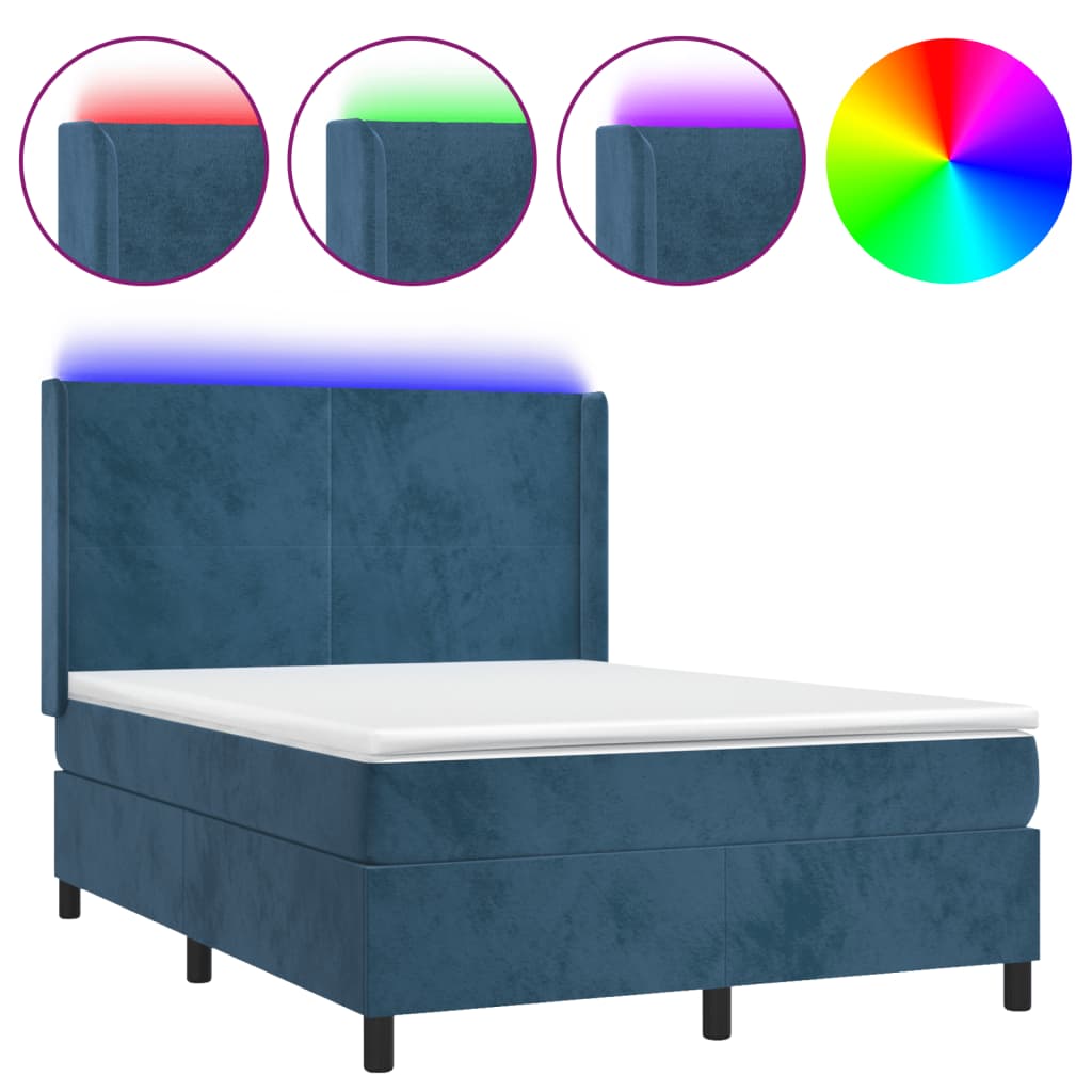 vidaXL Boxspringbett mit Matratze & LED Dunkelblau 140x190 cm Samt