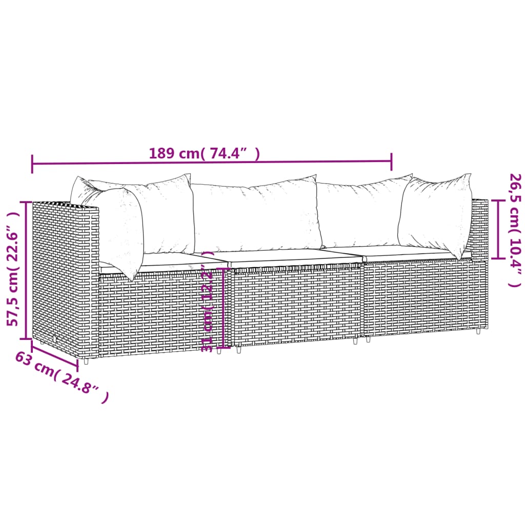 vidaXL 3-tlg. Garten-Lounge-Set mit Kissen Schwarz Poly Rattan